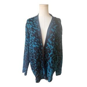 Chicos Long Blue‎ Animal Leopard Print Cardigan Sweater Size L Cotton Cheetah